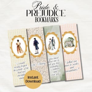 Può includere: Set di quattro segnalibri rettangolari con illustrazioni e citazioni da "Orgoglio e Pregiudizio". Ogni segnalibro ha uno sfondo diverso, tra cui disegni a righe e fantasia, con ritratti ovali di personaggi e citazioni.