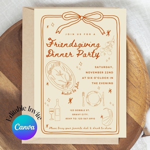 Editable Friendsgiving Invitation Template 5x7 Canva printable invite with fall illustrations of turkey, wine, and squash perfect Friendsgiving dinner party invite.