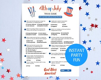 May include: A 4th of July trivia game sheet with questions about U.S. history and Independence Day. The sheet has a red, white, and blue color scheme with illustrations of fireworks and a patriotic hat. The text "Instant Party Fun" is also included.
