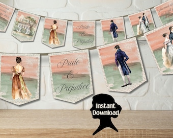 Stolthet och fördom girlang utskrivbar Jane Austen-fest girlang Stolthet och fördom-fest Jane Austen-fest utskrivbar Jane Austen-banderoll