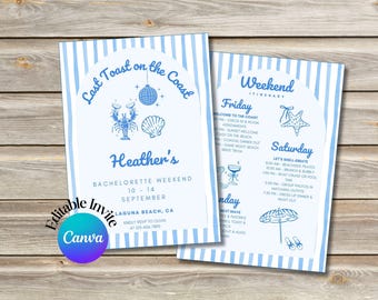Editable Last Toast on the Coast Bachelorette Invitation and Itinerary Beach Bachelorette Invitation Coastal Bach Party Canva