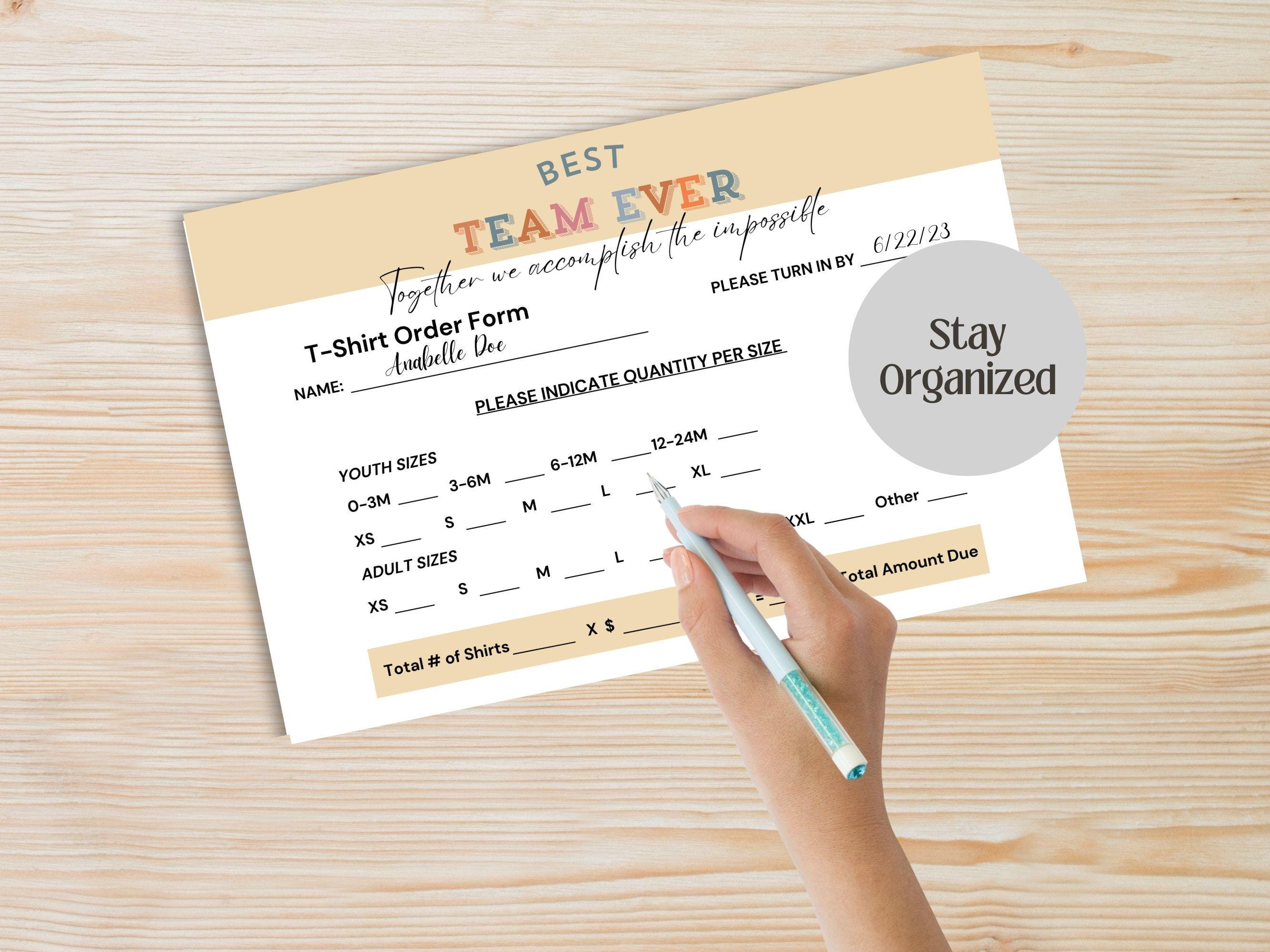 Team Building T-shirt Order Form and Order Tracker Printable Bundle T ...