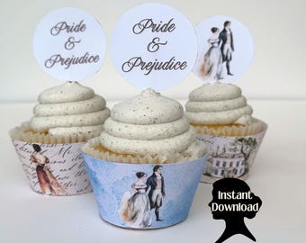 May include: Three cupcakes with white frosting and decorative cupcake wrappers. Each cupcake has a circular topper with the words "Pride & Prejudice". The wrappers feature illustrations of characters and scenes from the novel.