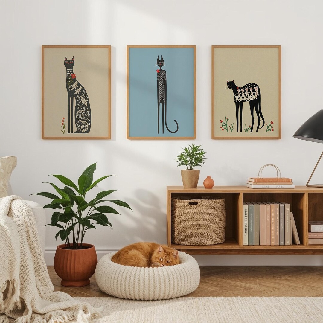 Folk Art Black Cat Wall Art Set of 3, Scandinavian Boho Prints, Nordic ...