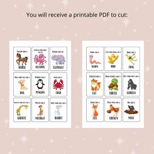 May include: Printable PDF with animal cards, each showing an animal illustration and an action prompt. Animals include a horse, octopus, elephant, worm, bird, frog, dog, penguin, crab, cat, turtle, gorilla, giraffe, meerkat, rabbit, fox, chicken, and mole.