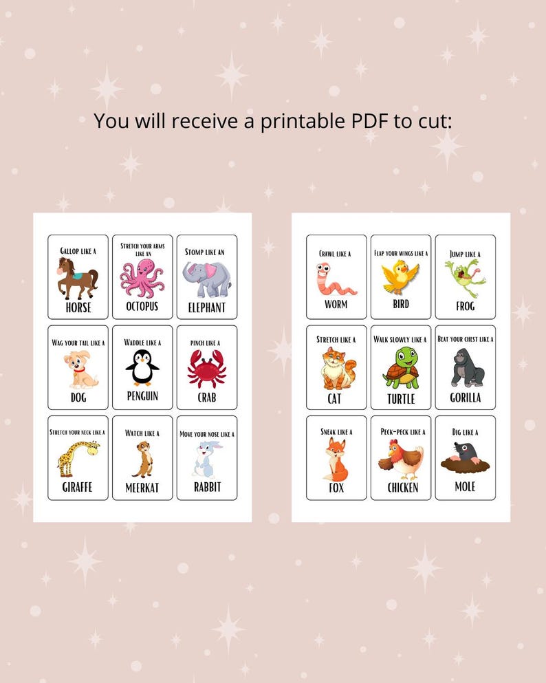 May include: Printable PDF with animal cards, each showing an animal illustration and an action prompt. Animals include a horse, octopus, elephant, worm, bird, frog, dog, penguin, crab, cat, turtle, gorilla, giraffe, meerkat, rabbit, fox, chicken, and mole.
