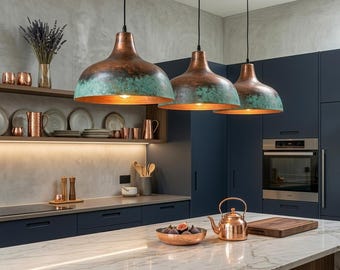 Copper Pendant Light – Red Patina Copper Lamp – Rustic Industrial Ceiling Light – Handmade Vintage Copper Lighting – Kitchen Pendant Lamp