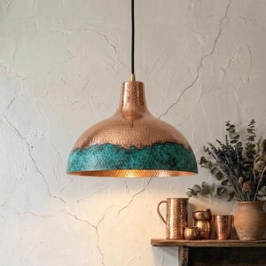 Handmade Copper Pendant Lamp with Green Patina, Modern Kitchen Island Lighting, Rustic Ceiling Light, Luxury Home Decor, Warm Ambient Light