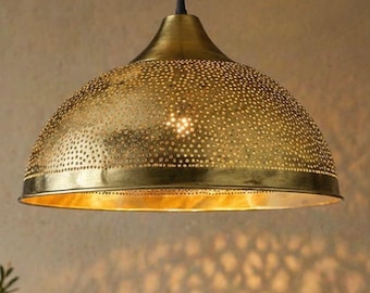 Handgehamerde messing hanglamp, Marokkaanse hanglamp, gouden plafondlamp, keukenverlichting, luxe woondecoratie