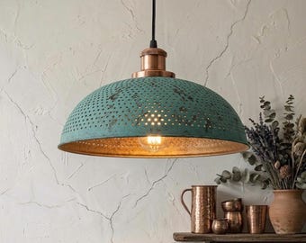 Handmade Green Patina Copper Pendant Light | Perforated Moroccan Lamp | Rustic Boho Hanging Light | Artisan Ceiling Decor