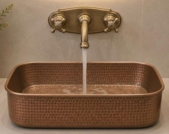 Handmade Hammered Copper Rectangular Vessel Sink