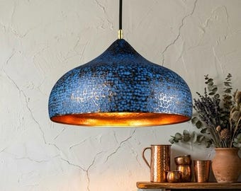 Hand Hammered Copper Pendant Light, Blue Patina Hanging Lamp, Moroccan Copper Ceiling Light, Handmade Kitchen & Dining Lighting