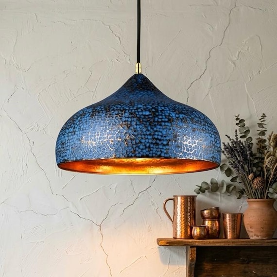 Hand Hammered Copper Pendant Light, Blue Patina Hanging Lamp, Moroccan Copper Ceiling Light, Handmade Kitchen & Dining Lighting