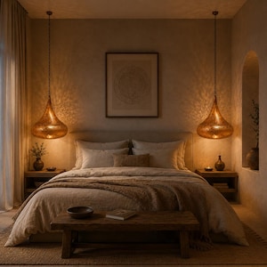 May include: Two teardrop-shaped metallic pendant lights with intricate perforated patterns hang above a bed. The warm light casts detailed shadows on the walls. The bedroom features a neutral-toned bedspread, wooden nightstands, and a wooden bench.