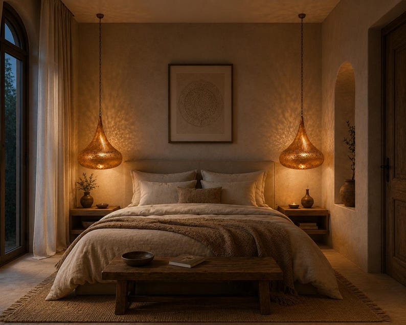 May include: Two teardrop-shaped metallic pendant lights with intricate perforated patterns hang above a bed. The warm light casts detailed shadows on the walls. The bedroom features a neutral-toned bedspread, wooden nightstands, and a wooden bench.
