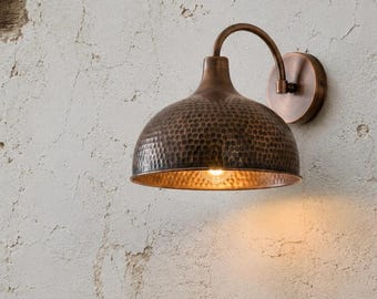 Solid Red Copper Wall Sconce, Hand Hammered Copper Light, Moroccan Wall Lamp, Vintage Dome Sconce, Rustic Home Lighting