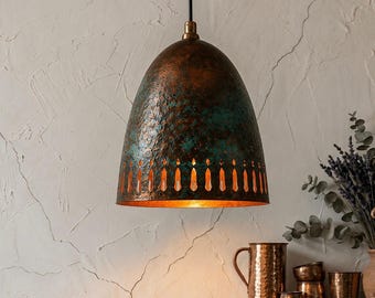 Handgemaakte groene koperen hanglamp, Marokkaanse spiraallamp, moderne plafondlamp, keukenlamp, luxe woondecoratie