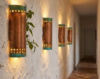 Handmade Moroccan Red Copper Wall Sconce with Patina – Modern Cylindrical Wall Light, Rustic Moroccan Lighting