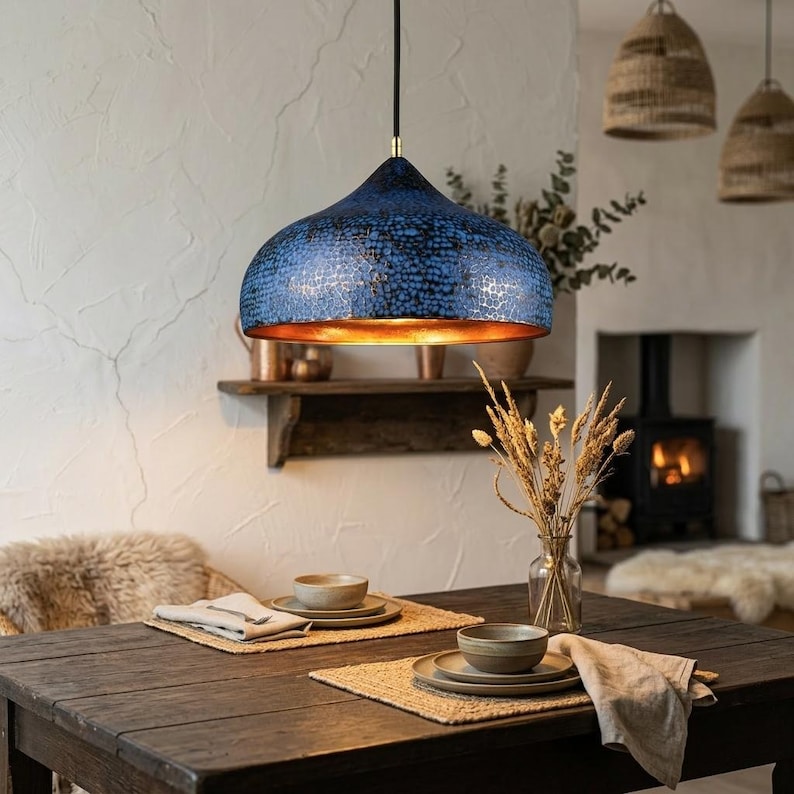 Hand Hammered Copper Pendant Light, Blue Patina Hanging Lamp, Moroccan Copper Ceiling Light, Handmade Kitchen & Dining Lighting image 2