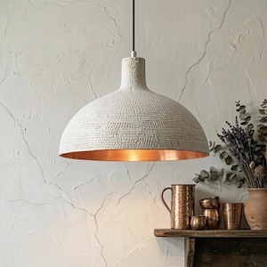 Modern White Pendant Light – Handmade Copper Ceiling Lamp – Rustic Farmhouse Lighting – Kitchen Island Pendant – Copper Interior Light