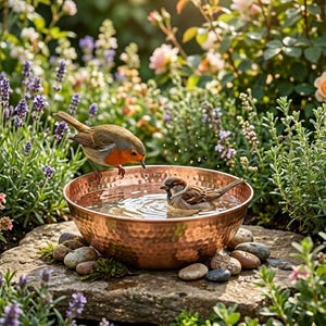 Peut inclure: Un bain d'oiseaux en cuivre martelé rempli d'eau, posé sur une base en pierre. Un rouge-gorge et un moineau sont près de l'eau. L'arrière-plan présente un jardin luxuriant avec de la lavande, des roses et d'autres plantes, créant une scène extérieure sereine.