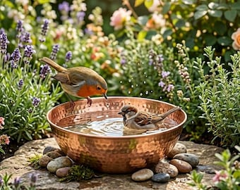 Handgemaakte gehamerde koperen vogelbadkom – Rustieke koperen tuinkom voor buiten, decoratief vogelbad