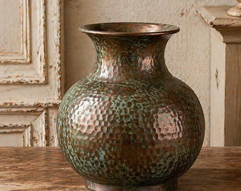 Moroccan Copper Vase | Green Patina Finish | Handcrafted Hammered Decor