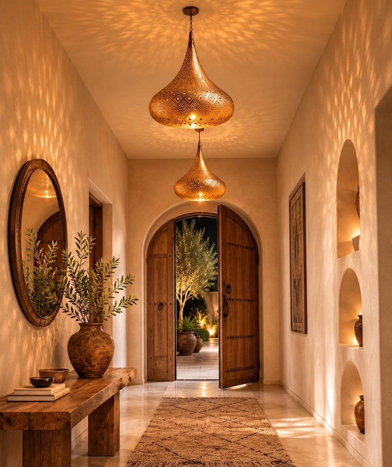 May include: Two teardrop-shaped brass pendant lights with intricate perforated patterns hang from the ceiling, casting geometric shadows on the walls. The lights illuminate a hallway featuring a wooden console table, a large vase, and a round mirror.