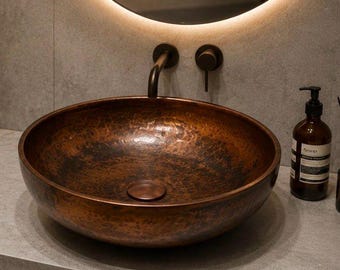 Handmade Copper Vessel Sink, Antique Hammered Bathroom Sink, Solid Red Copper Wash Basin, Rustic Luxury Vanity Sink, Round Sink