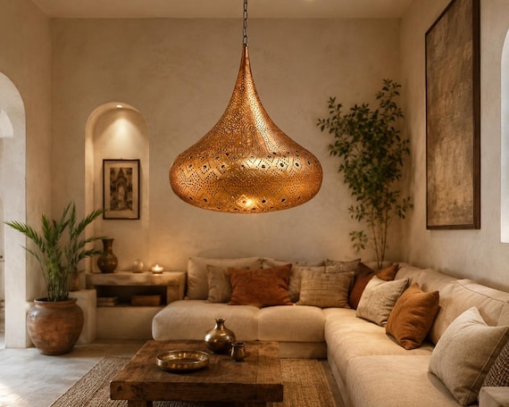 Handmade Moroccan Brass Chandelier, Perforated Pendant Light, Bohemian Ceiling Lamp, Islamic Hanging Lantern, Luxury Home Decor