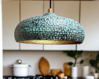 Turquoise Brass Pendant Light – Handmade Moroccan Lamp – Modern Ceiling Light – Kitchen Island Lighting – Boho Decor
