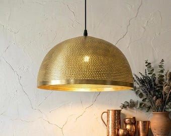 Handgemaakte messing hanglamp | Geperforeerde Marokkaanse plafondlamp | Gouden hanglamp | Boho moderne verlichting