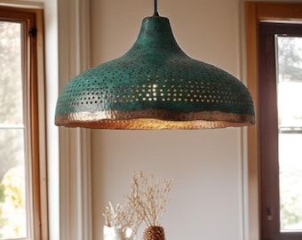 Green Patina Brass Pendant Light, Moroccan Hanging Lamp, Hand Hammered Ceiling Light, Modern Kitchen Island Lighting,