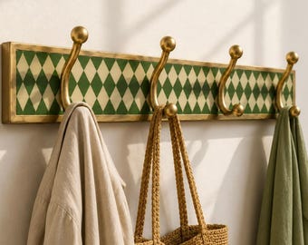 Handgemaakte Marokkaanse messing wandkapstok, groene tegelkapstokhaken, luxe wandhaak voor de entree, massief messing kapstok, organizer voor de hal