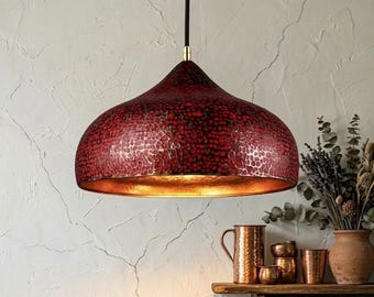 Handmade Red Copper Pendant Light, Hammered Brass Hanging Lamp, Modern Kitchen Island Lighting, Luxury Rustic Ceiling Decor