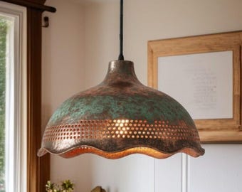 Marokkaanse handgemaakte koperen hanglamp – Rustieke hanglamp met groene patina – Boho koepelvormige plafondlamp voor keuken en eetkamer