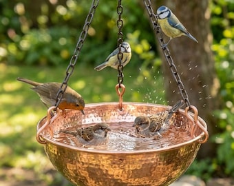 Luxe hangend koperen vogelbad – handgemaakte gehamerde tuinkom