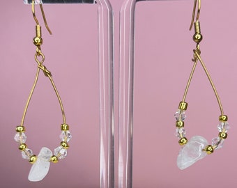 Gold Clear Quartz Hoop Dangle Handmade Earrings- "Intention"