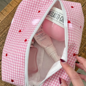 Pink Gingham with Red Embroidered Hearts handmade makeup/cosmetic bag