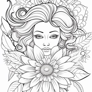 10 Disegni da Colorare di Donne Floreali – Volto Femminile con Fiori – Disegni da Colorare Stampabili per Adulti – Download Istantaneo PNG