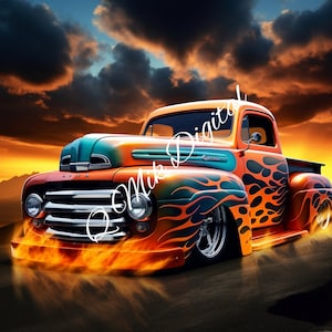 May include: A vintage orange, teal, and black pickup truck with flames painted on the side. The truck is driving on a dirt road with a sunset in the background.