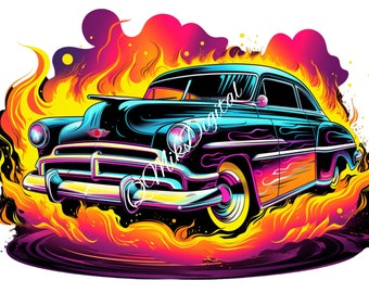May include: A vintage car with a blue body and chrome accents is engulfed in flames. The flames are a mix of yellow, orange, and red, and the car is set against a dark purple and black background.