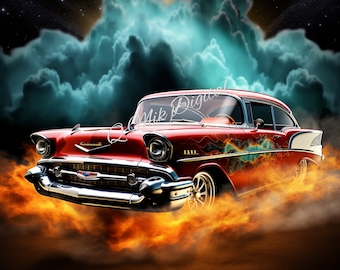 May include: A red 1957 Chevrolet Bel Air classic car with flames painted on the side, driving through a cloud of fire and smoke against a dark blue sky with stars.