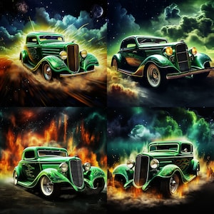 4 Green Hot Rod With Flames Images. Digital Download. PNG 300dpi. 4000px. Custom Car. Personal or commercial use