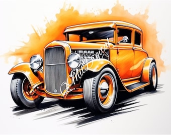 May include: Orange vintage car illustration with a watercolor effect. The classic car features a detailed front grill, large headlights, and black tires. The background has an orange splash effect.