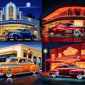 Art Deco Hot Rod Auto Bilder: Stil der 1950er Jahre (Herunterladbare PNG)