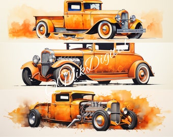 May include: Five vintage orange Ford Model A trucks, each with a different body style, are shown against a watercolor background. The trucks are all in various stages of restoration, with some appearing more complete than others.