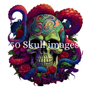 Può includere: Un'illustrazione digitale vibrante di un teschio con motivi intricati e colorati. Il teschio è circondato da elementi floreali e disegni a forma di serpente rossi, blu e viola. Il testo "50 Skull images" è visualizzato in bianco.