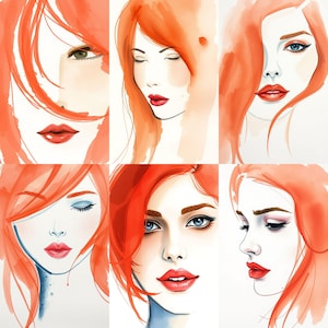 May include: A watercolor illustration featuring six portraits of women with vibrant red hair and red lips. Each portrait showcases a different pose and expression, with varying eye colors and styles.
