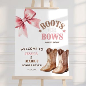 Boots or Bows Gender Reveal Welcome Sign, Pink and Blue Western Baby Shower Sign, Cowboy Theme, Editable Canva Template, Digital Download